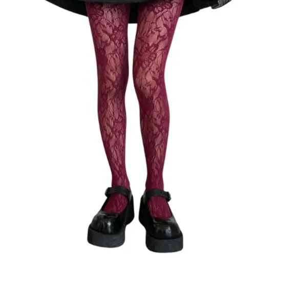 Burgundy Seamless Floral Fishnet Tights - Picture 4 of 5